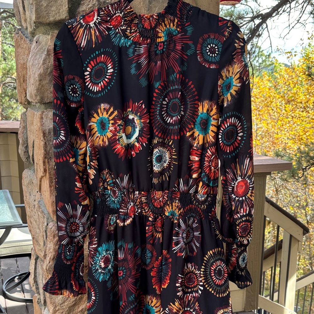 Nanette Lepore Size 6 Black Vibrant Fall Print Long Sleeve Midi Dress High Neck